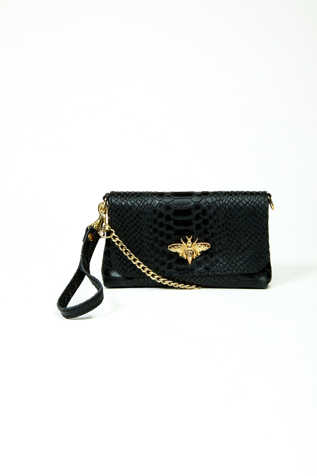 Black handbag with bee embellishment