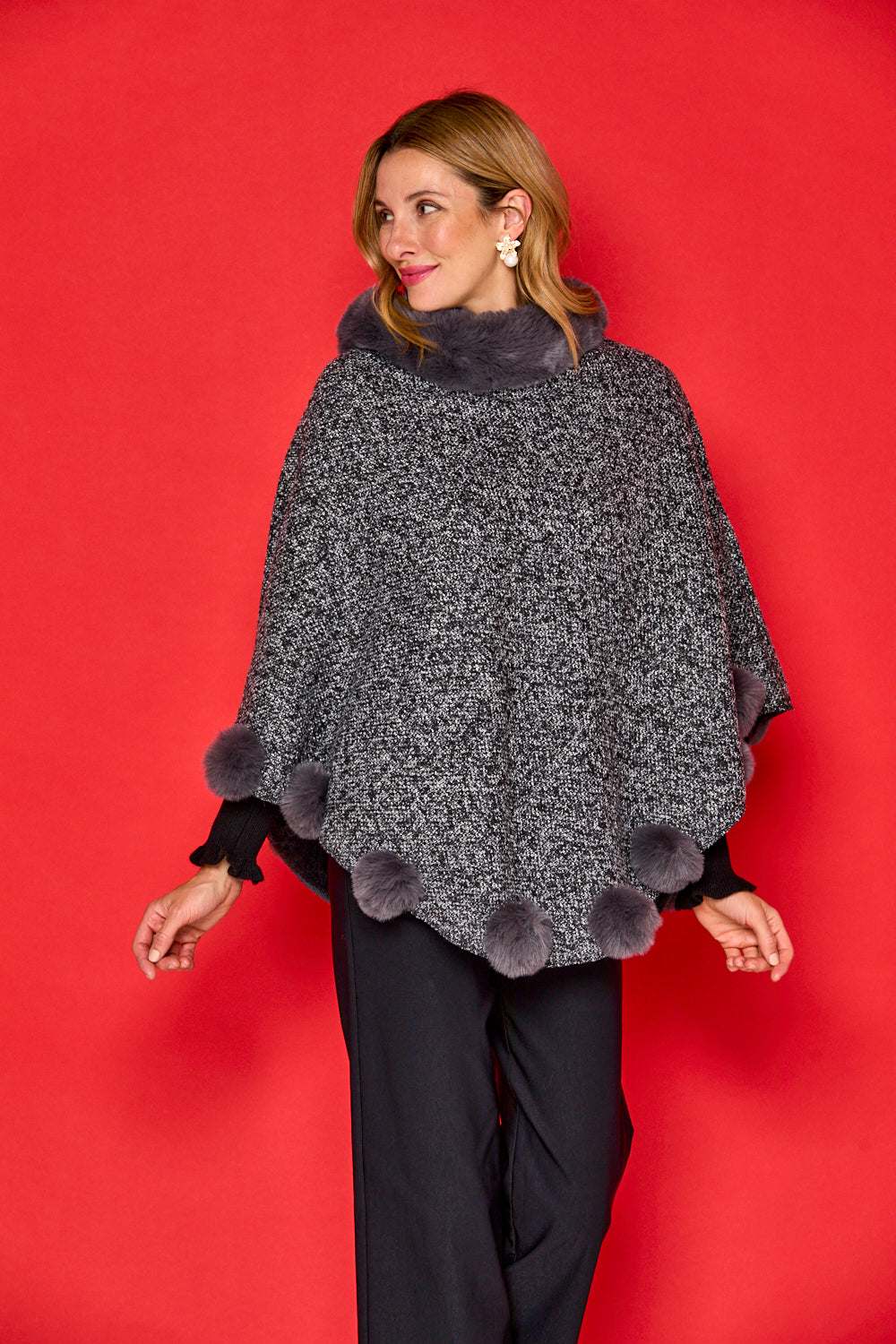 Posey Faux Fur Pom Pom Poncho