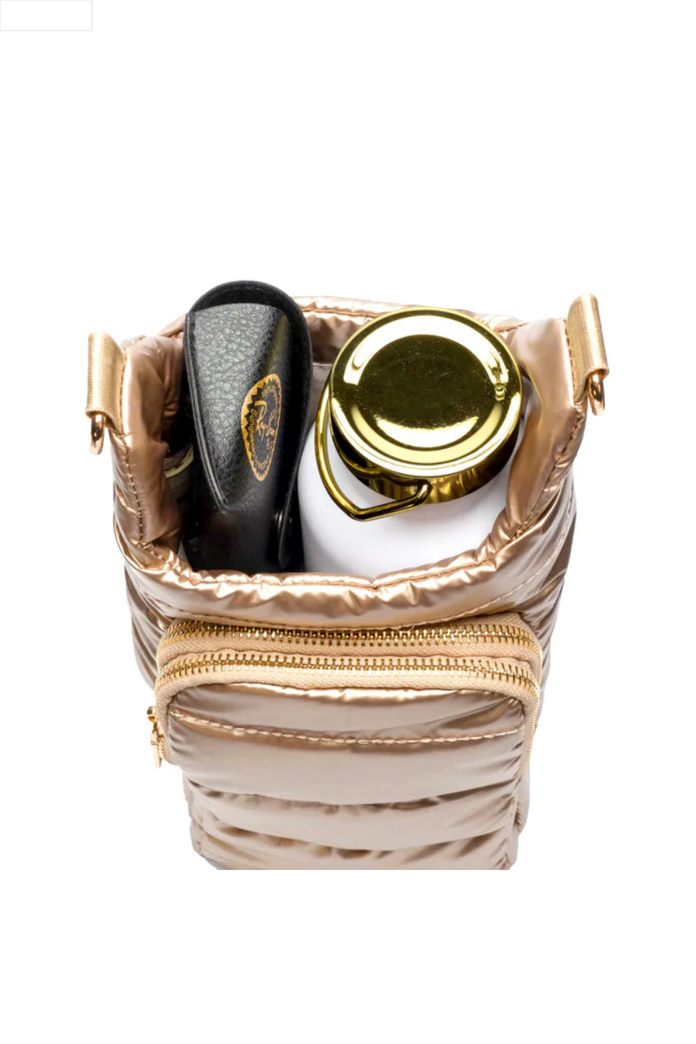 Gold puffer water bottle bag on a white background