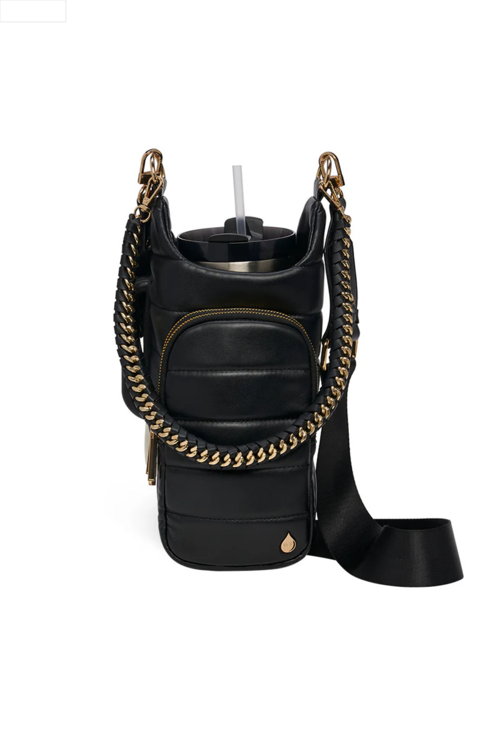 Black leather crossbody water bottle bag with gold chain detail on a white background
