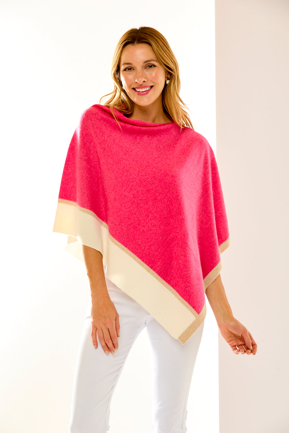 Woman in pink cashmere ruana