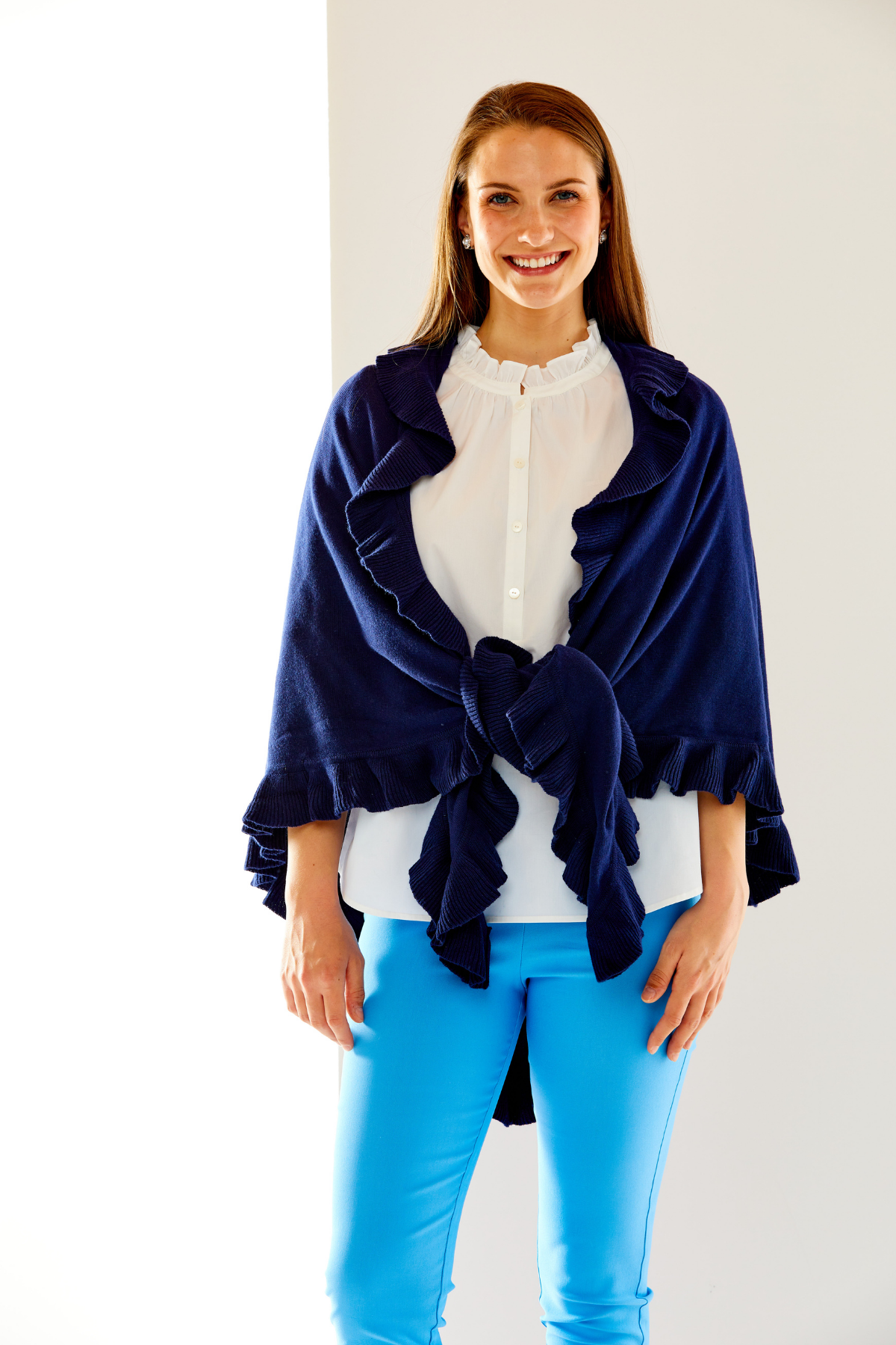 Woman in navy triangle wrap