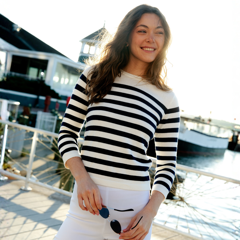 Woman wearing The Striped Shoulder Button Pullover in Navy