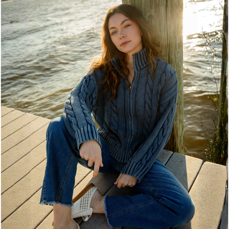 Woman wearing The Stonewash Cotton Full Zip