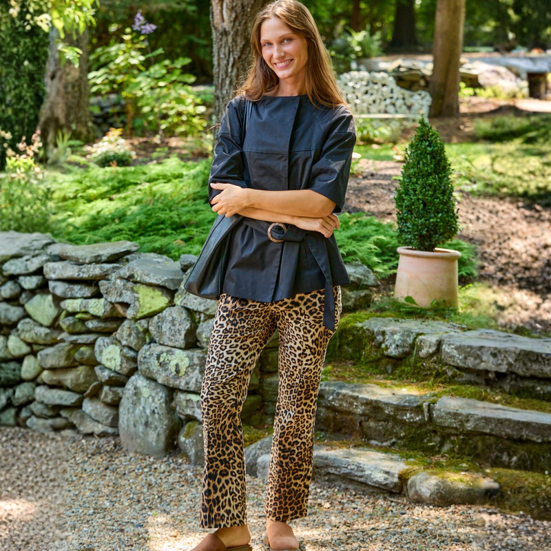 A woman in the Frankie Jacket and Mallory Pant in Brushed Leopard