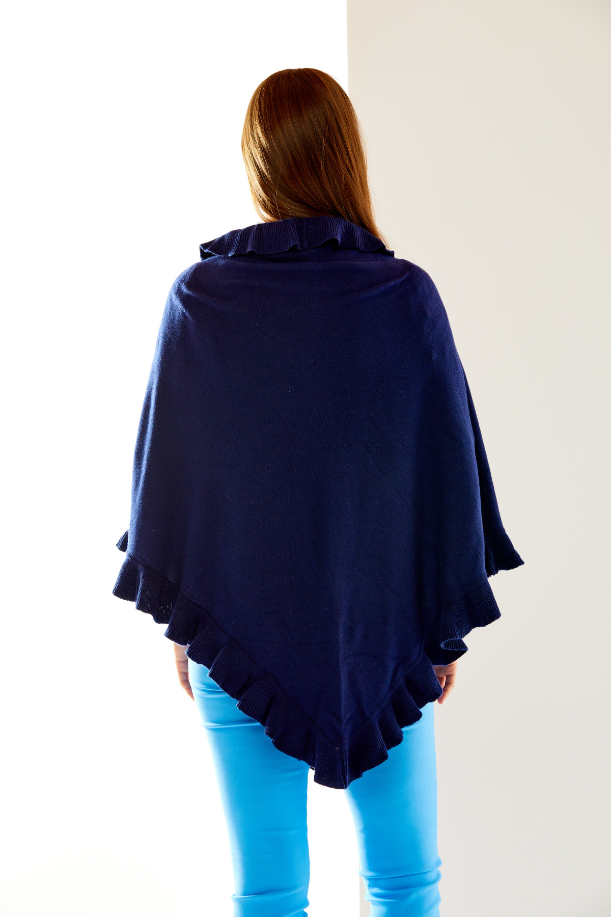 Woman in navy triangle wrap