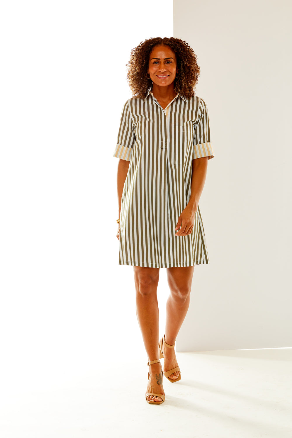 Olive/sand striped shirtdress