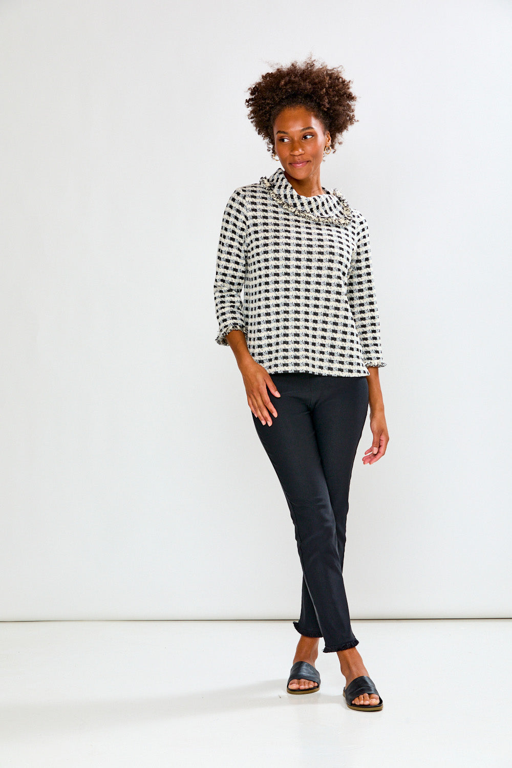 Woman with black and white check blouse