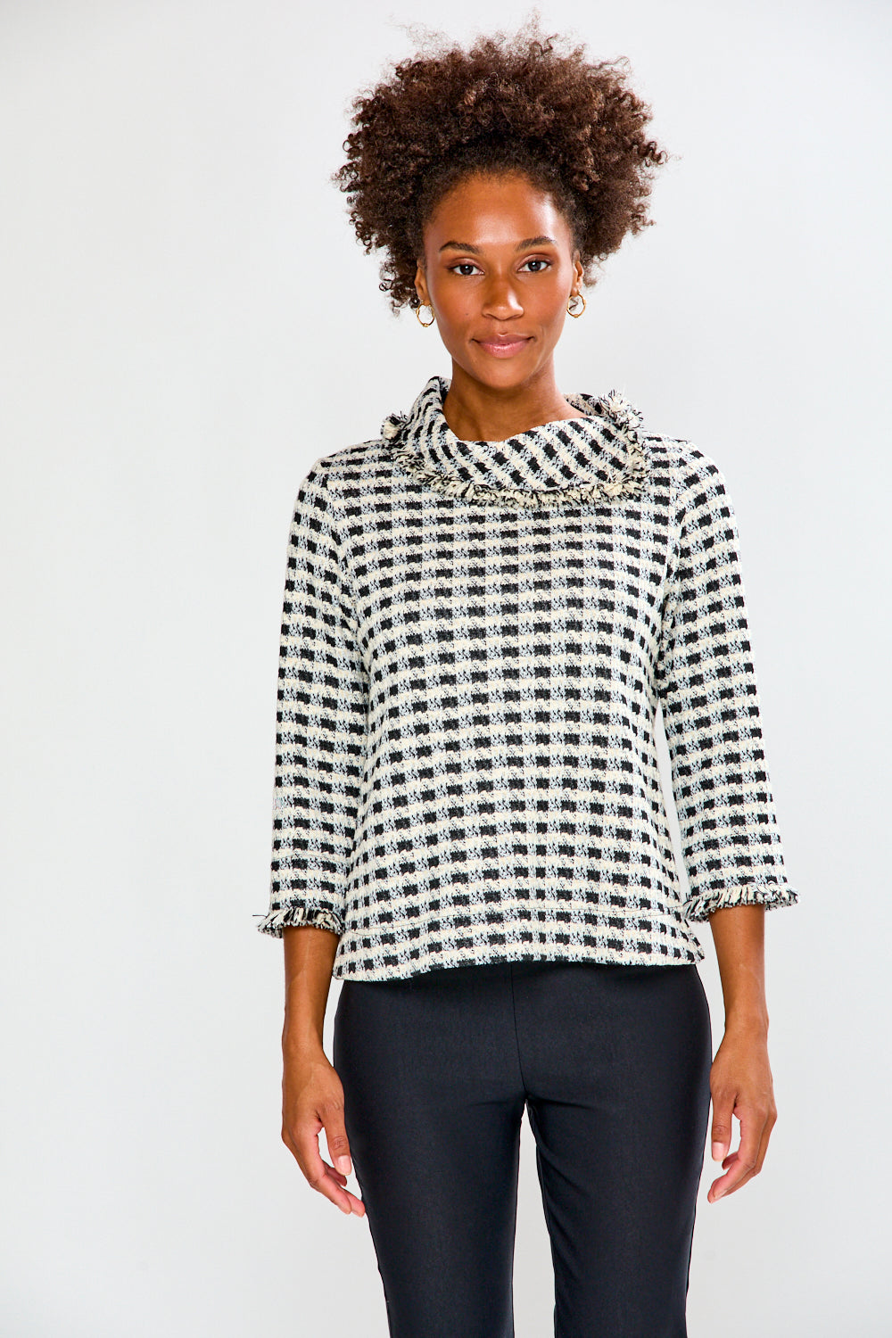 Woman with black and white check blouse