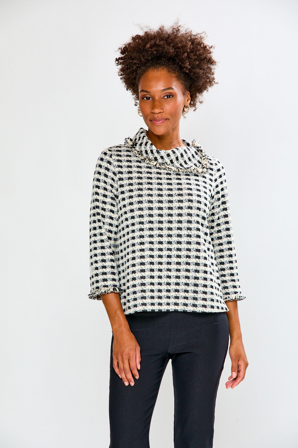 Woman with black and white check blouse