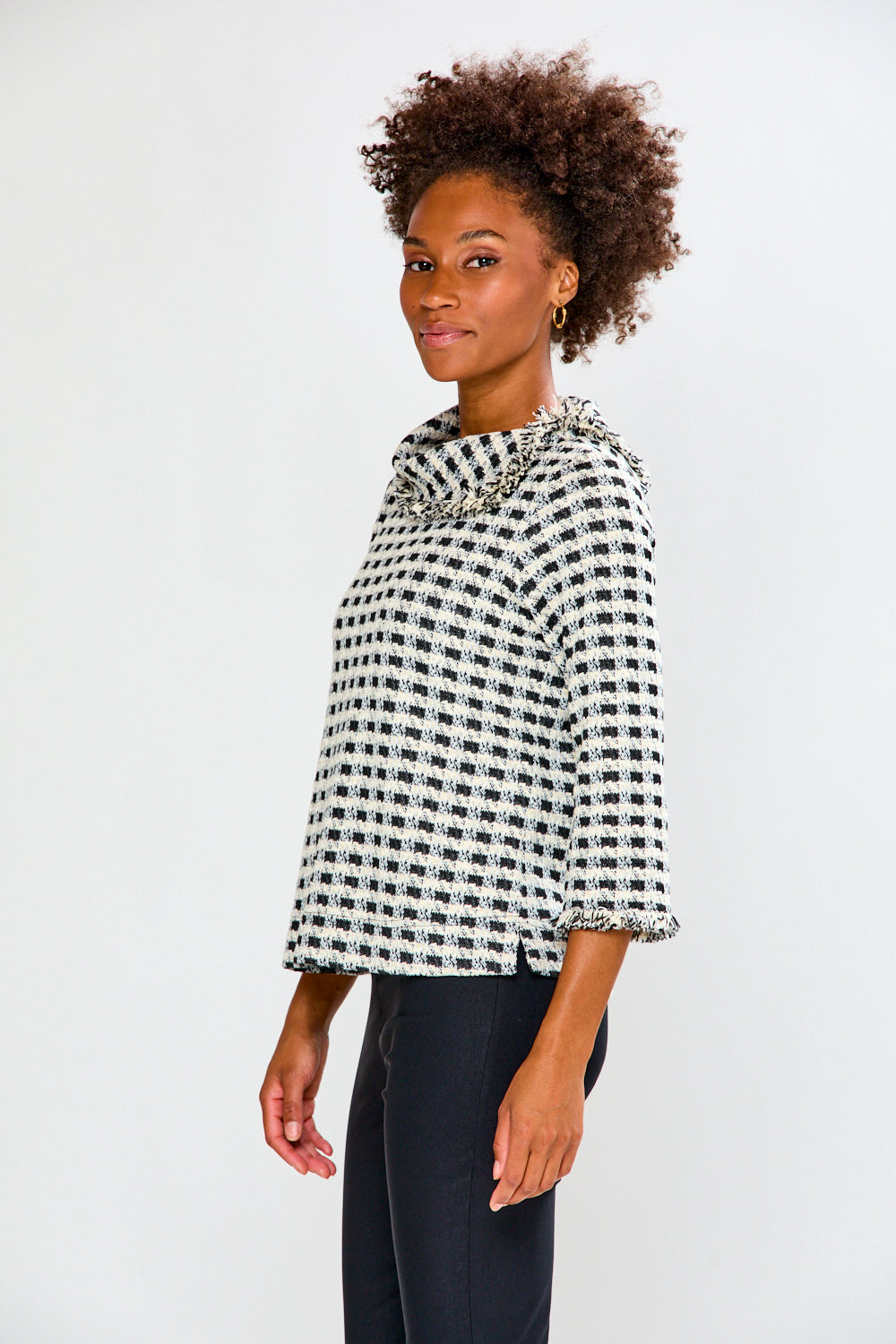 Woman with black and white check blouse