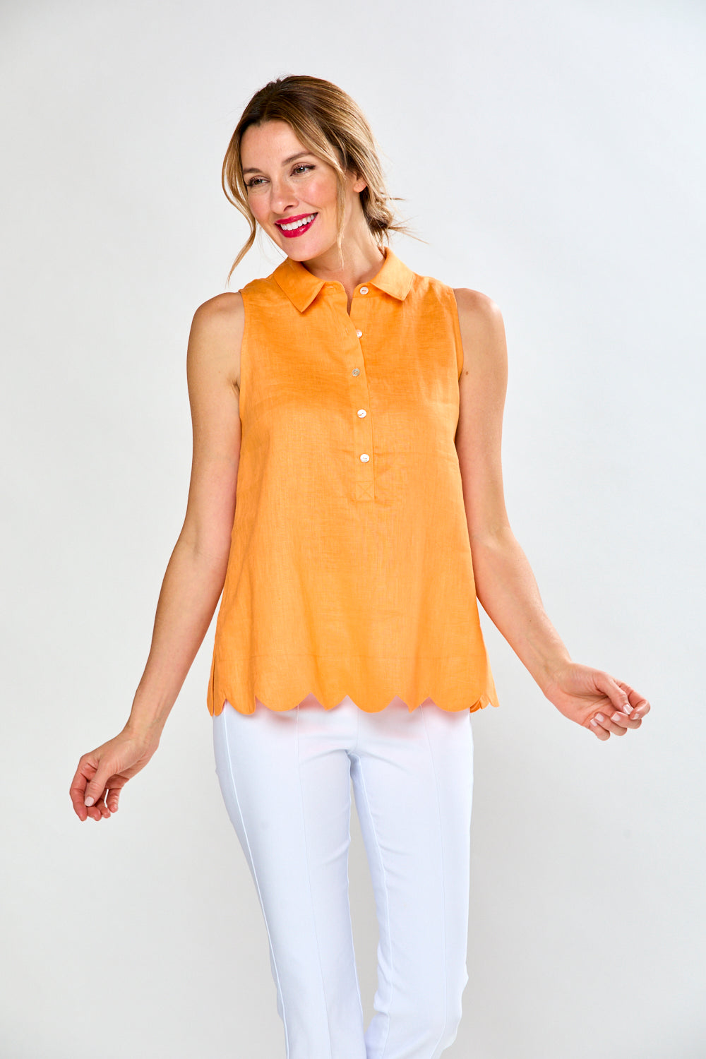 Woman in mandarin sleeveless blouse