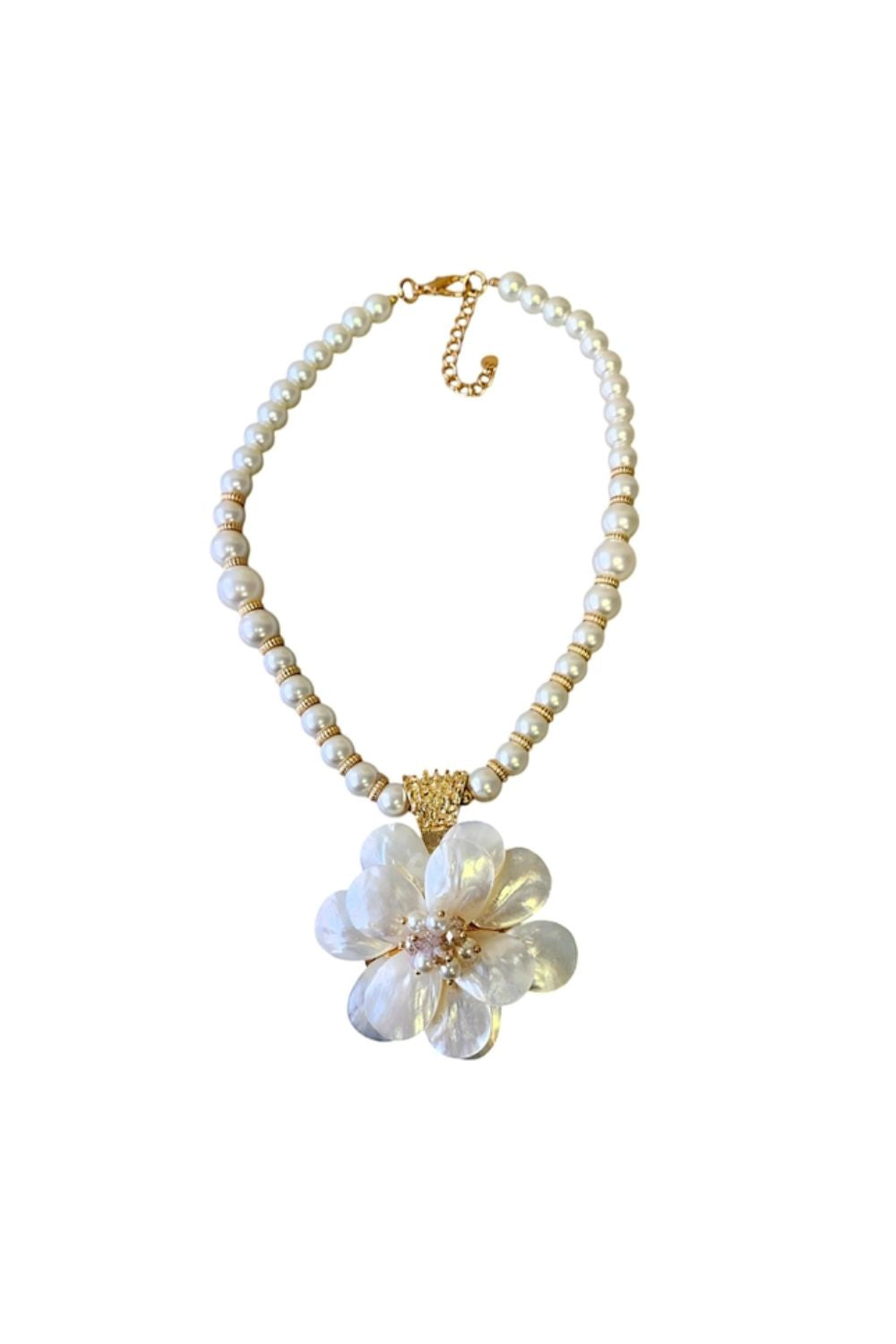 Pearl necklace with a white flower pendant on a white background