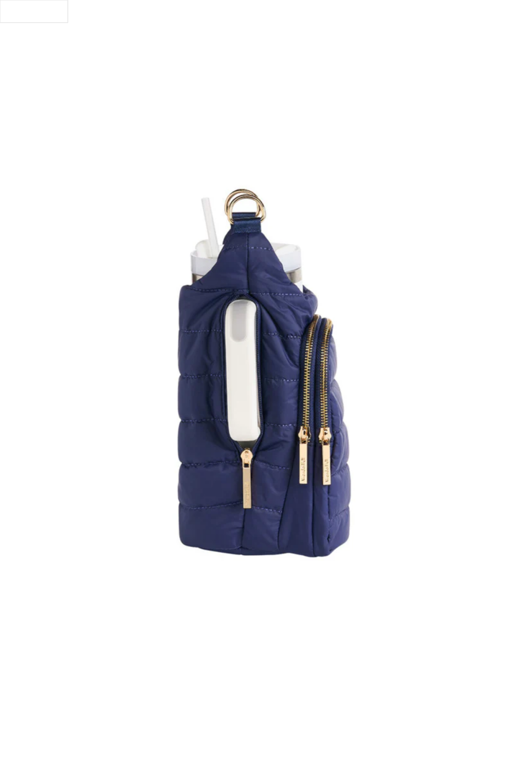 Navy puffer water bottle bag on a white background
