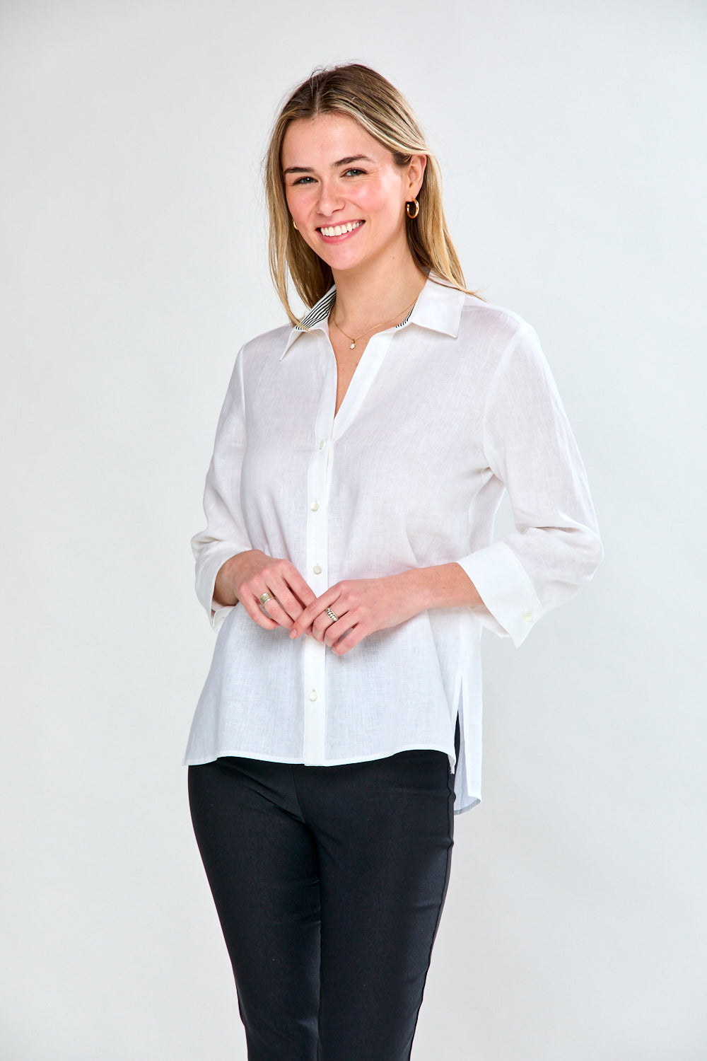 Woman in pleat back blouse