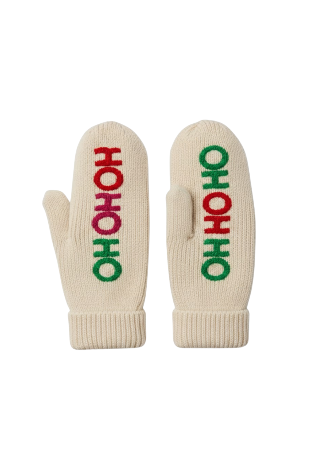 Pair of cream mittens with 'HO HO HO' text in red and green on a white background