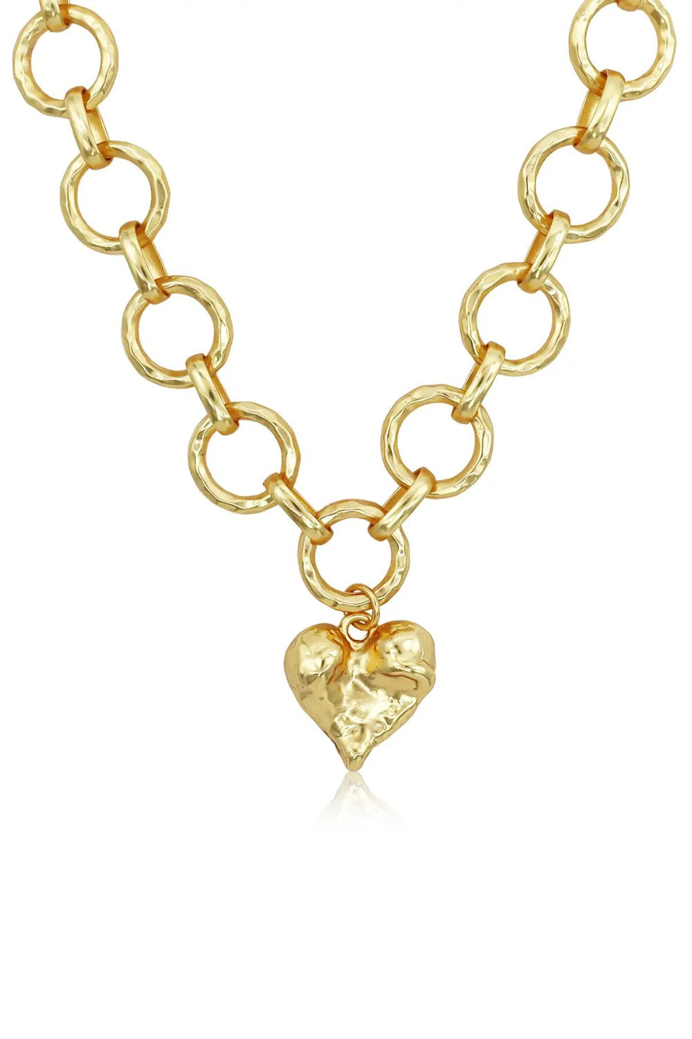 Gold chain necklace with a heart-shaped pendant on a white background