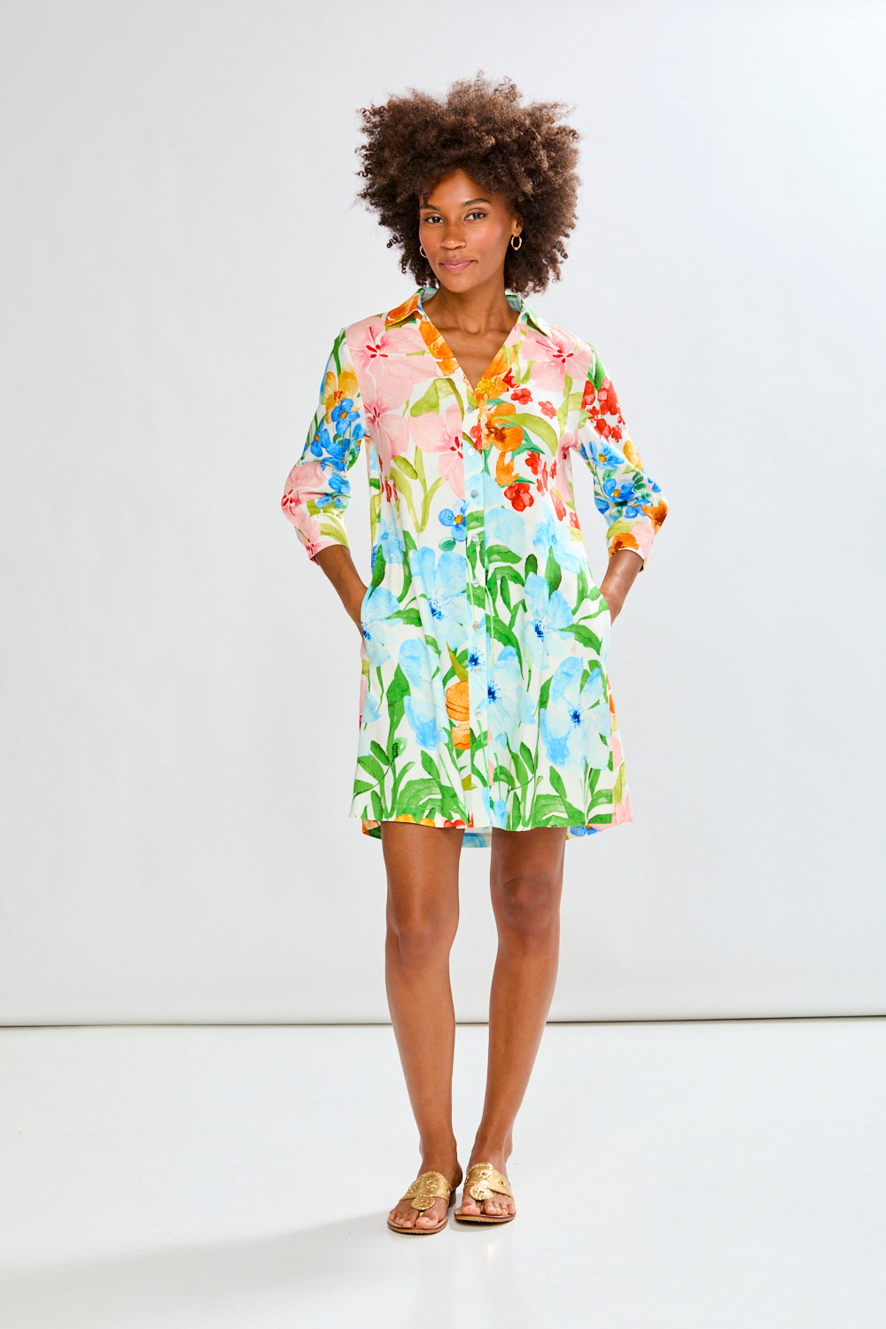 Woman wearing The Bea Dress in Tropical Blooms in Tropical Blooms