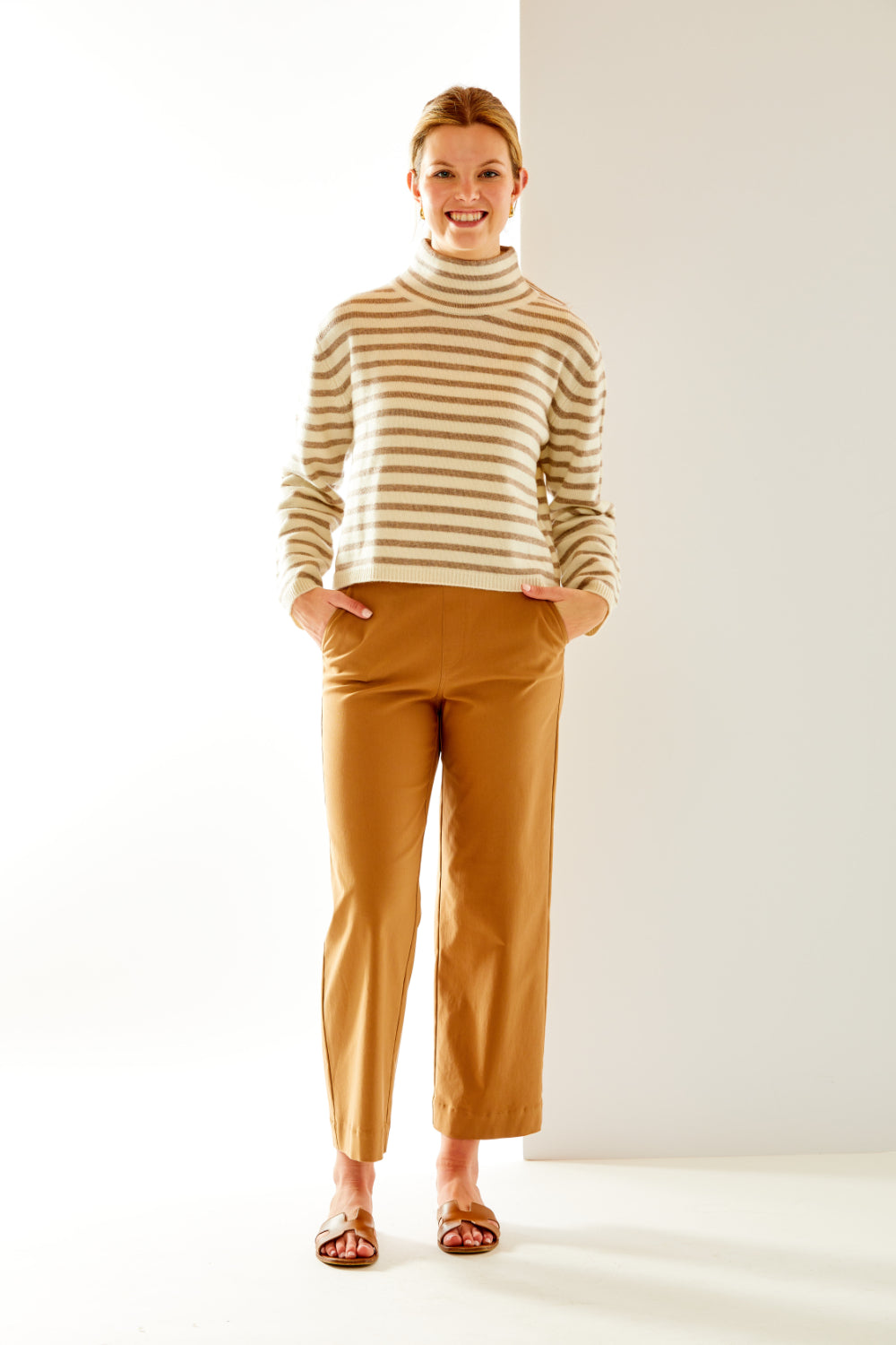 The Striped Mockneck Pullover in Ivory & Tan