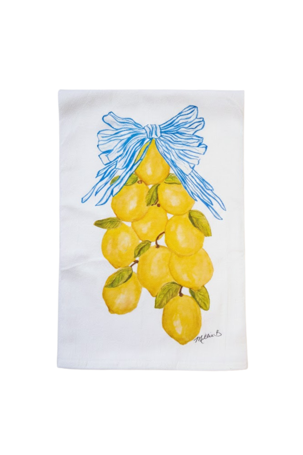 Tea towel with a design of lemons and a blue bow on a white background