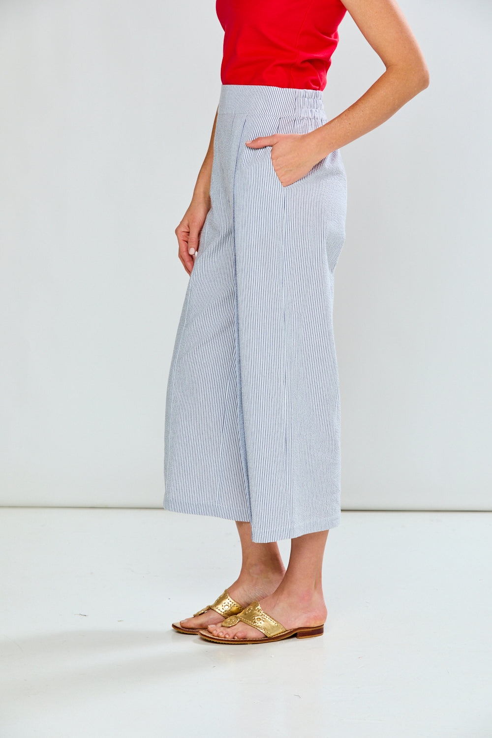 The Kit Pant in Seersucker in Navy Pinstripe
