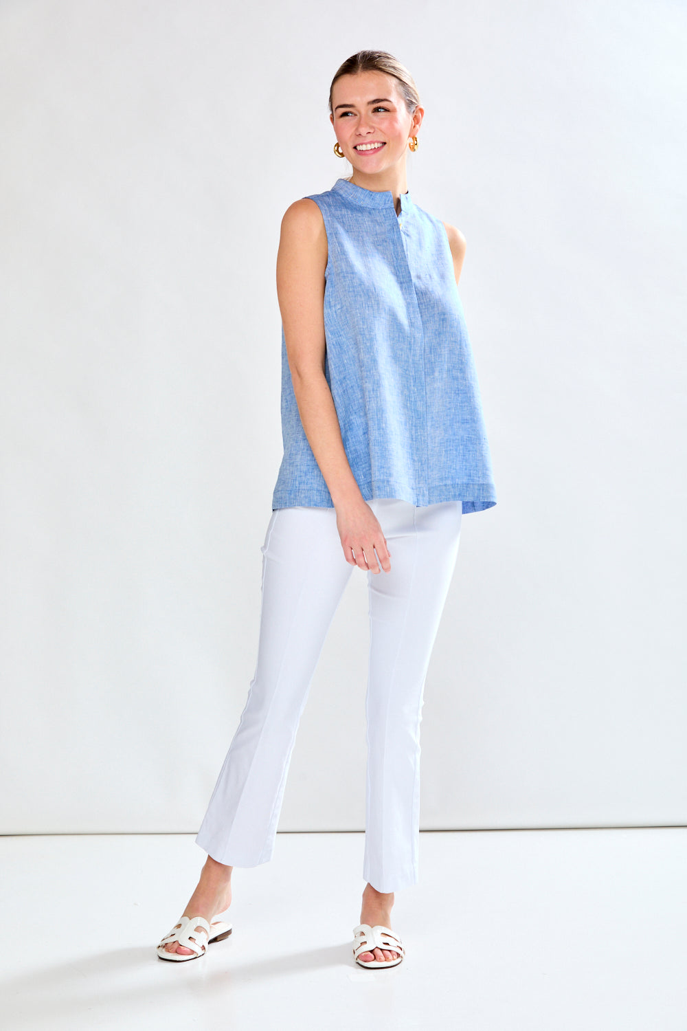 Woman in chambray linen top