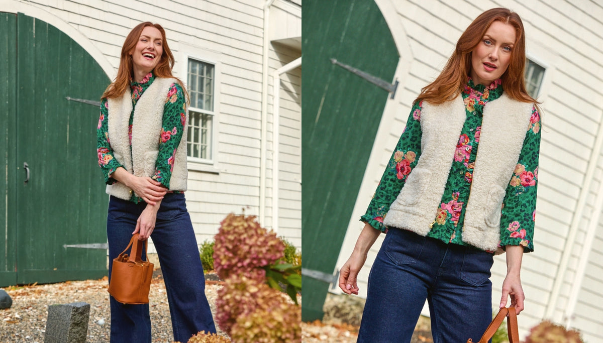 A split-screen lifestyle photo of a woman wearing a cream sherpa vest over a green floral long-sleeve shirt, paired with dark blue jeans and holding a brown leather handbag in front of a white house with green doors.
