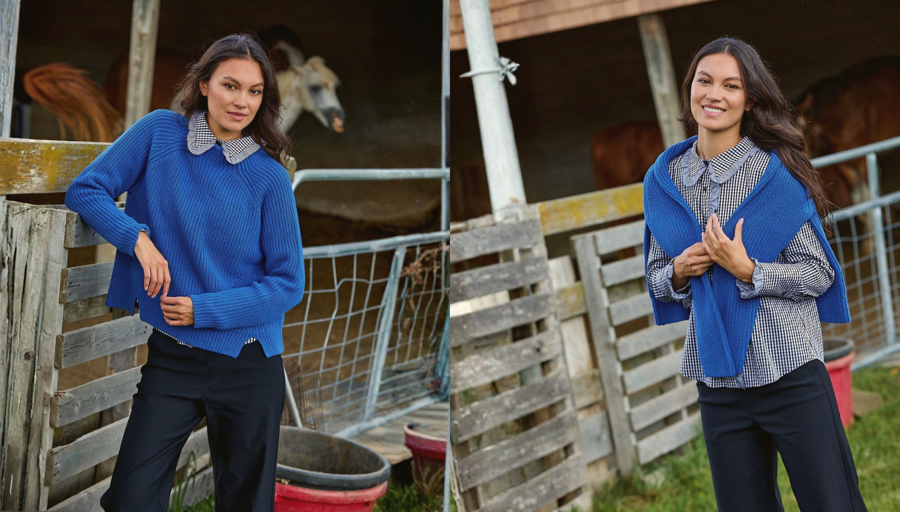 A woman modeling a bright blue knit sweater with a gray patterned Peter Pan collar, shown in two side-by-side views at an outdoor barn with horses in the background.