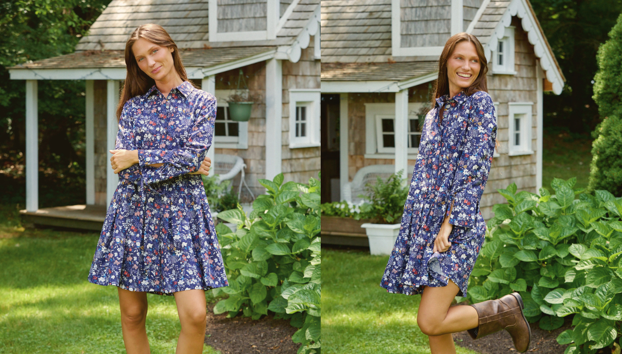 A woman wearing a blue floral long-sleeve dress stands outdoors in front of a small house and garden plants. The photo is split into two side-by-side views showing slightly different poses of the same outfit.