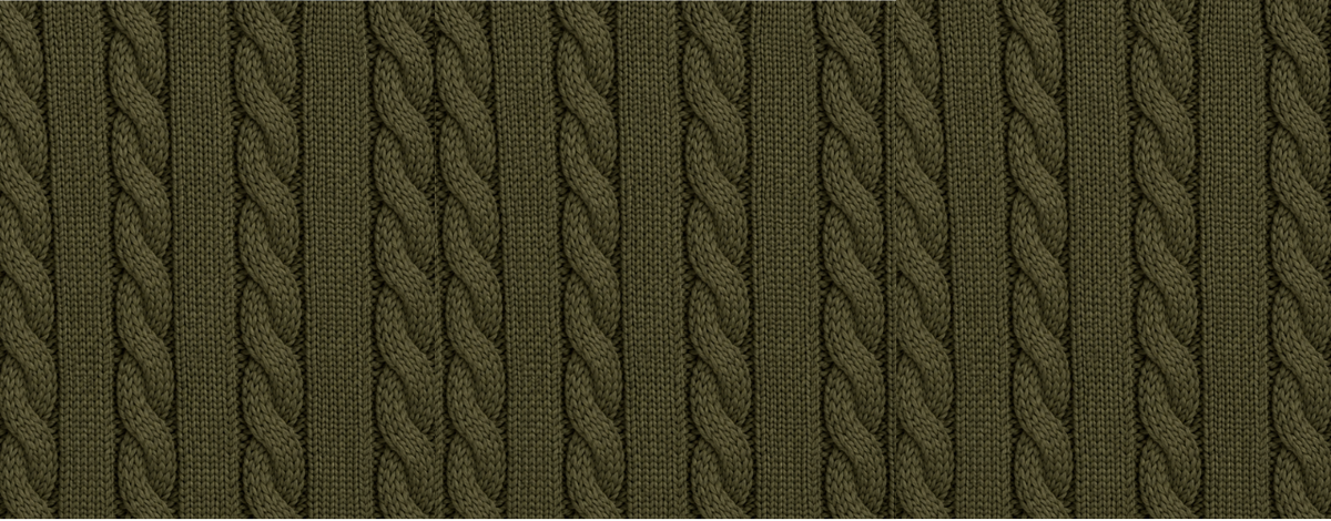 A close-up of a dark olive green cable-knit fabric texture, showing the detailed vertical cable pattern.