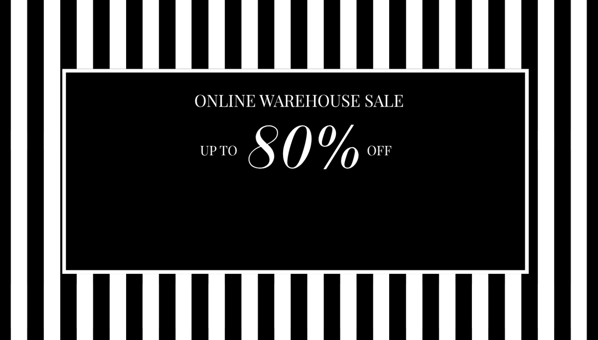 Black and white promotional graphic with vertical stripes and a central black rectangle reading 'ONLINE WAREHOUSE SALE UP TO 80% OFF'.