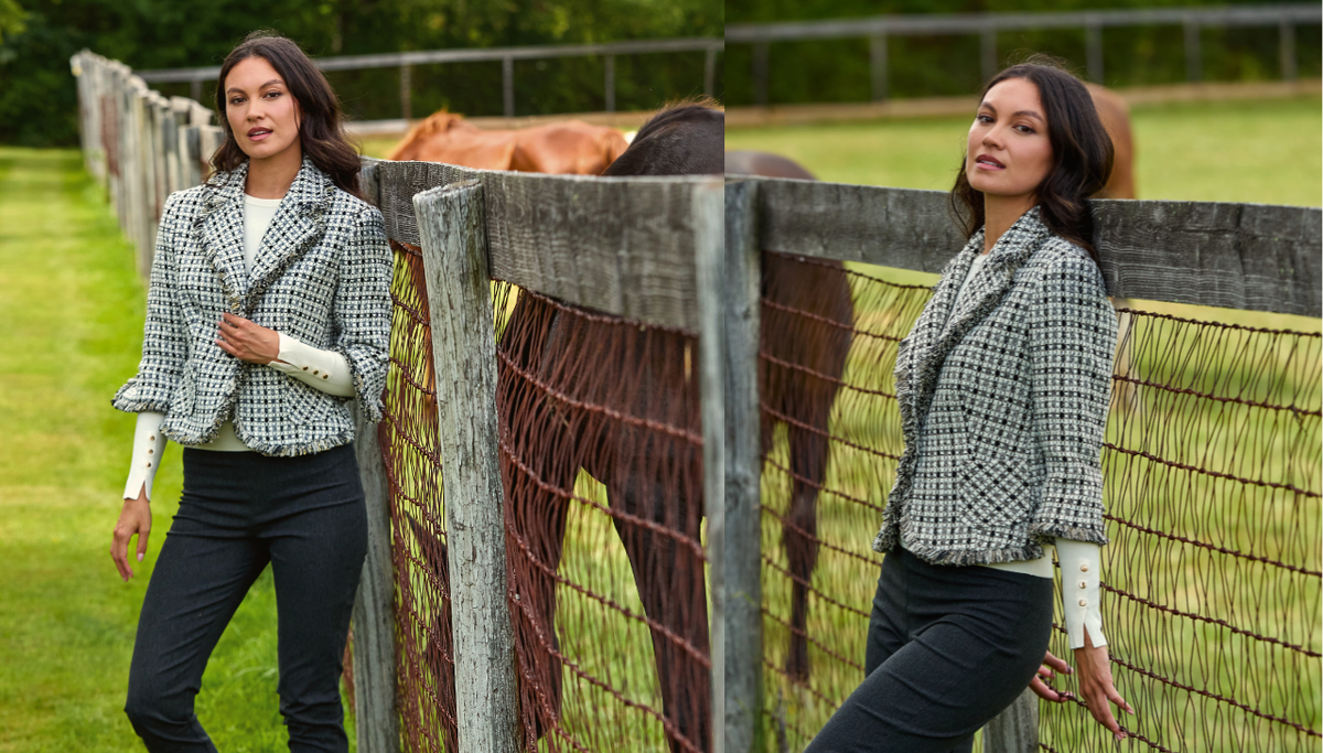 Woman on a farm wearing the sheri pant and the alison jacket