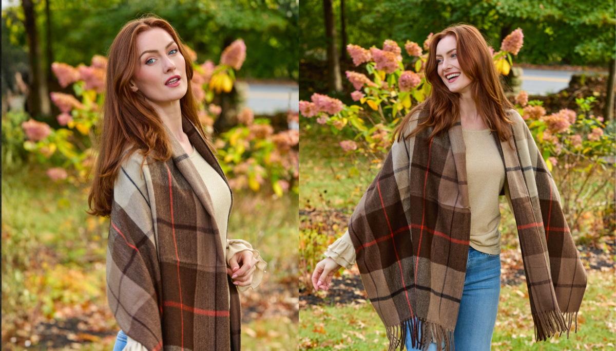 A woman outdoors wearing a large brown plaid fringed wrap or poncho over a beige top and blue jeans. The photo is split into two side-by-side views, with blurred pink hydrangea flowers and greenery in the background.
