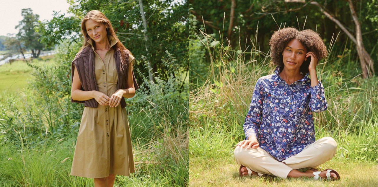 A split-screen outdoor lifestyle image showing two models in a grassy field. The left model wears a tan dress with a brown sweater. Right model wears floral top.