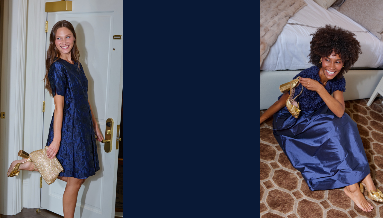 girl in a blue dress holding a purse opening door and girl in blue top and skirt holding shoe sitting on the floor laughing