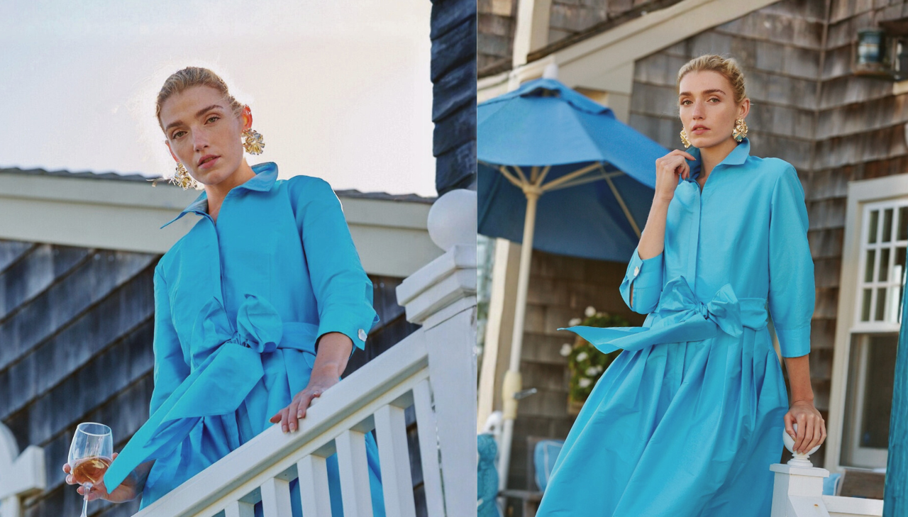Girl in blue dress standing on porch