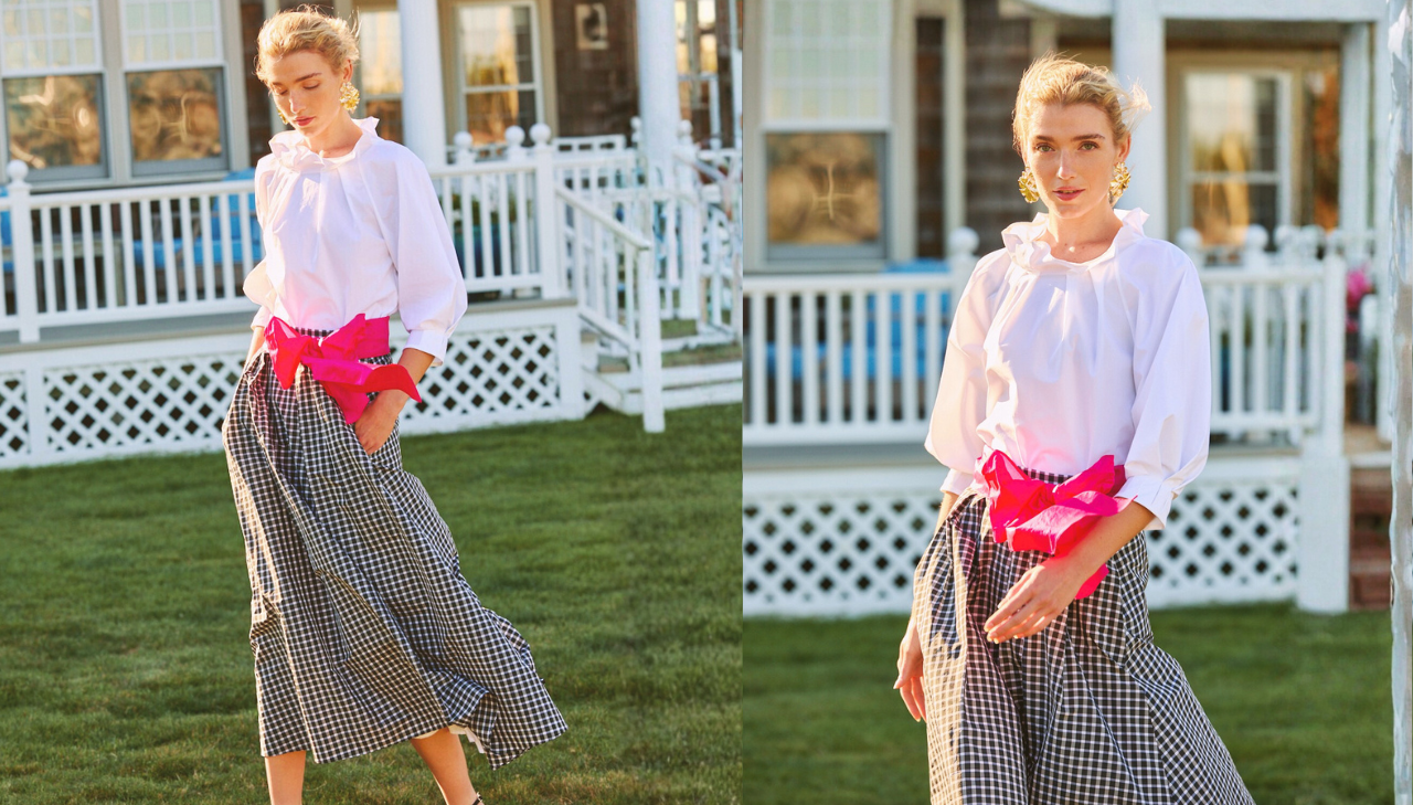 Girl in black and white check skirt and white top 