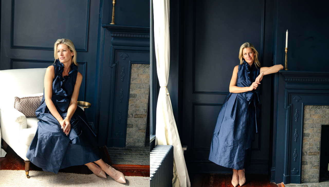 Woman in The Lucinda Dress with Ruffle Neck