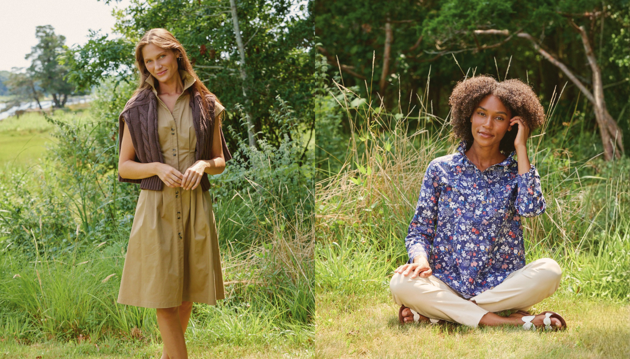 A woman in the Kailyn Dress and a woman in the The Ruffle Collar Short Daniella in Ditsy Floral