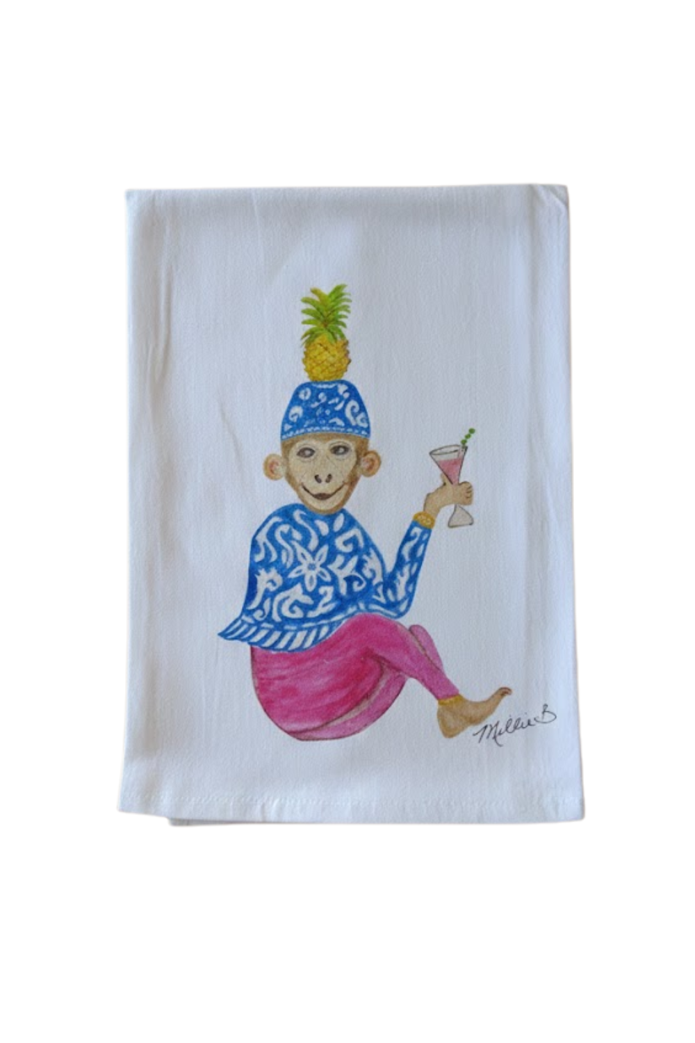 Towel with a colorful monkey design holding a pineapple and cocktail on a white background