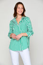 Woman in green and white stripe blouse