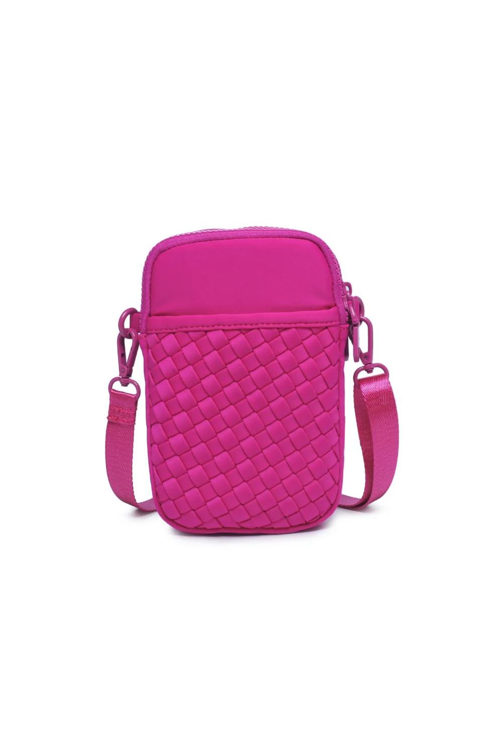  fuchsia quilted crossbody bag on a white background