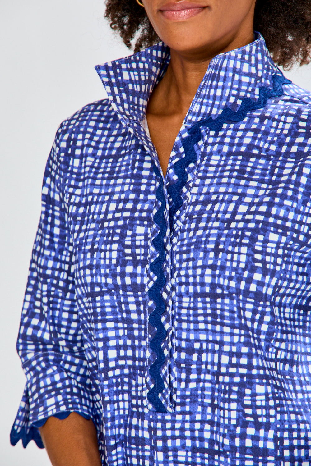 Woman with blue printed dress