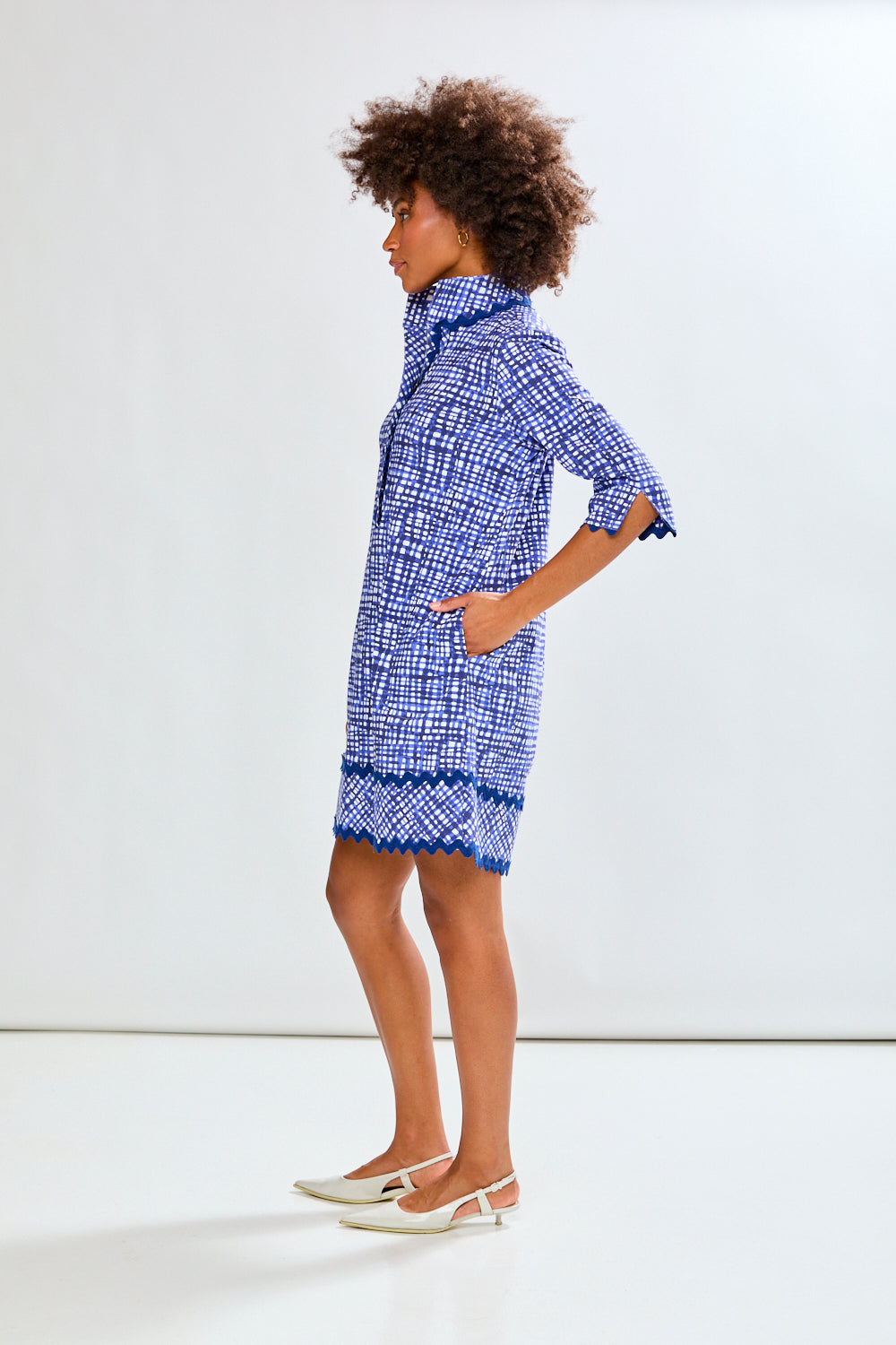 Woman with blue printed dress