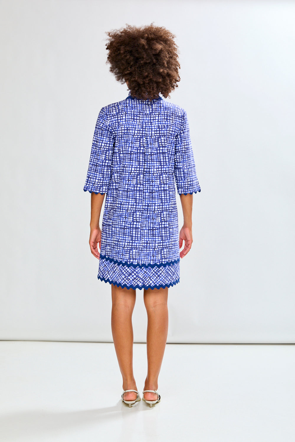 Woman with blue printed dress