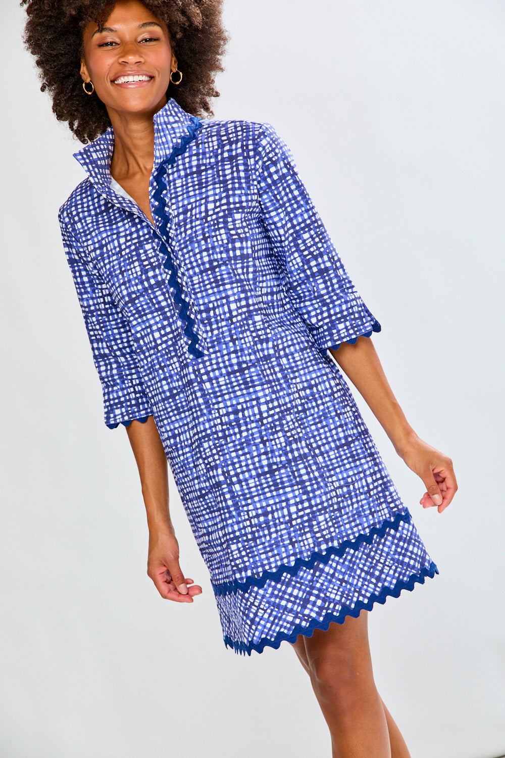 Woman with blue printed dress