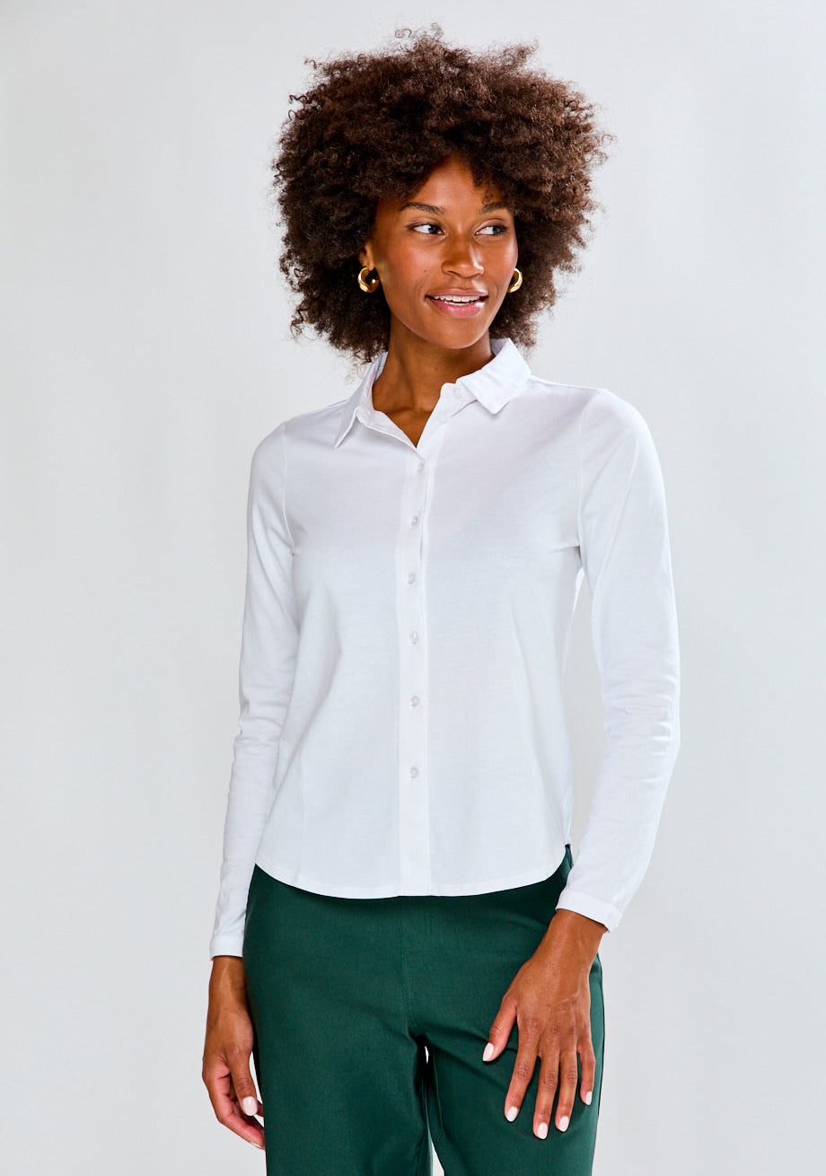 Woman wearing Long Sleeve Cotton Knit Shirt - White