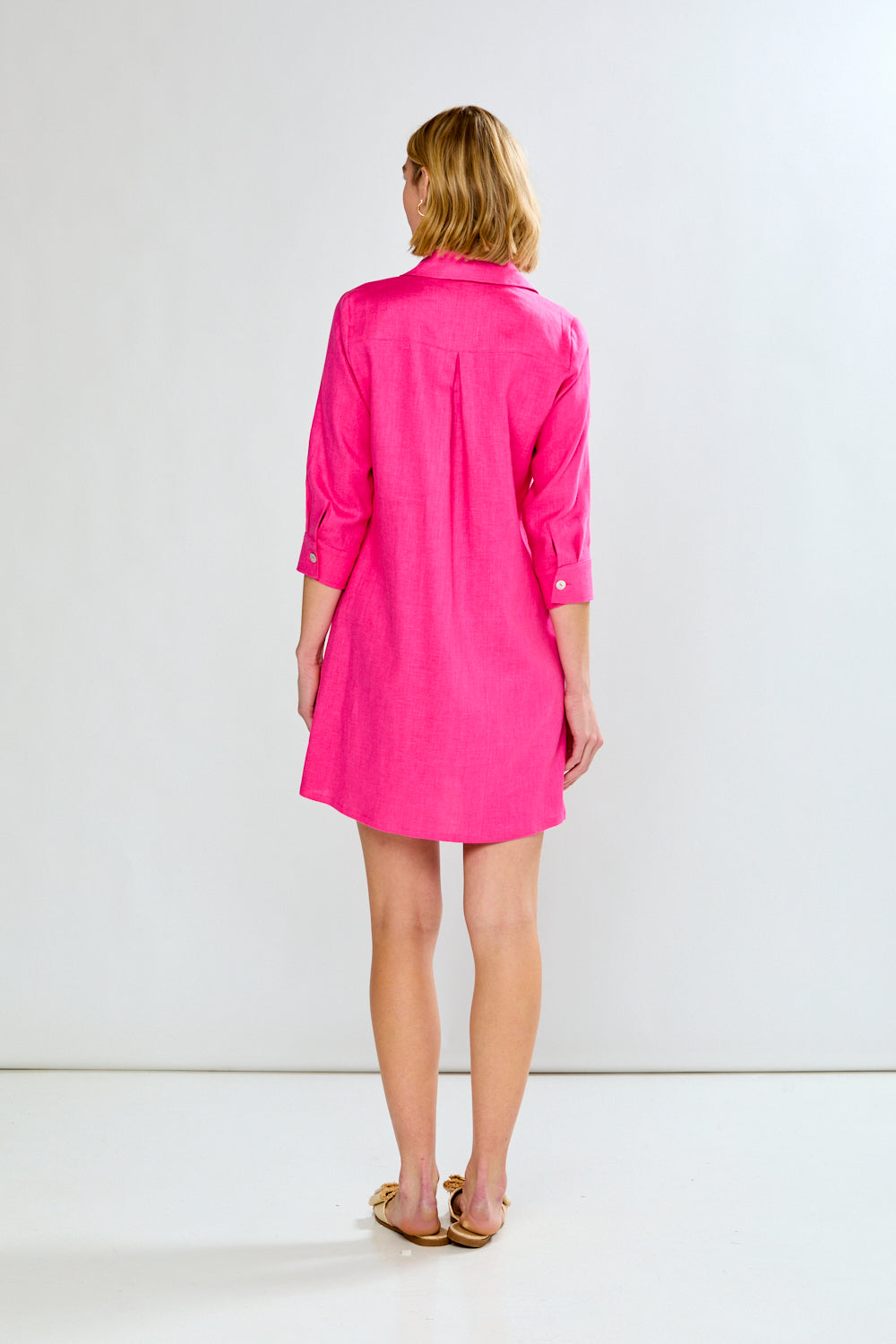 Woman wearing The Linen Bea Shirtdress - Fuchsia