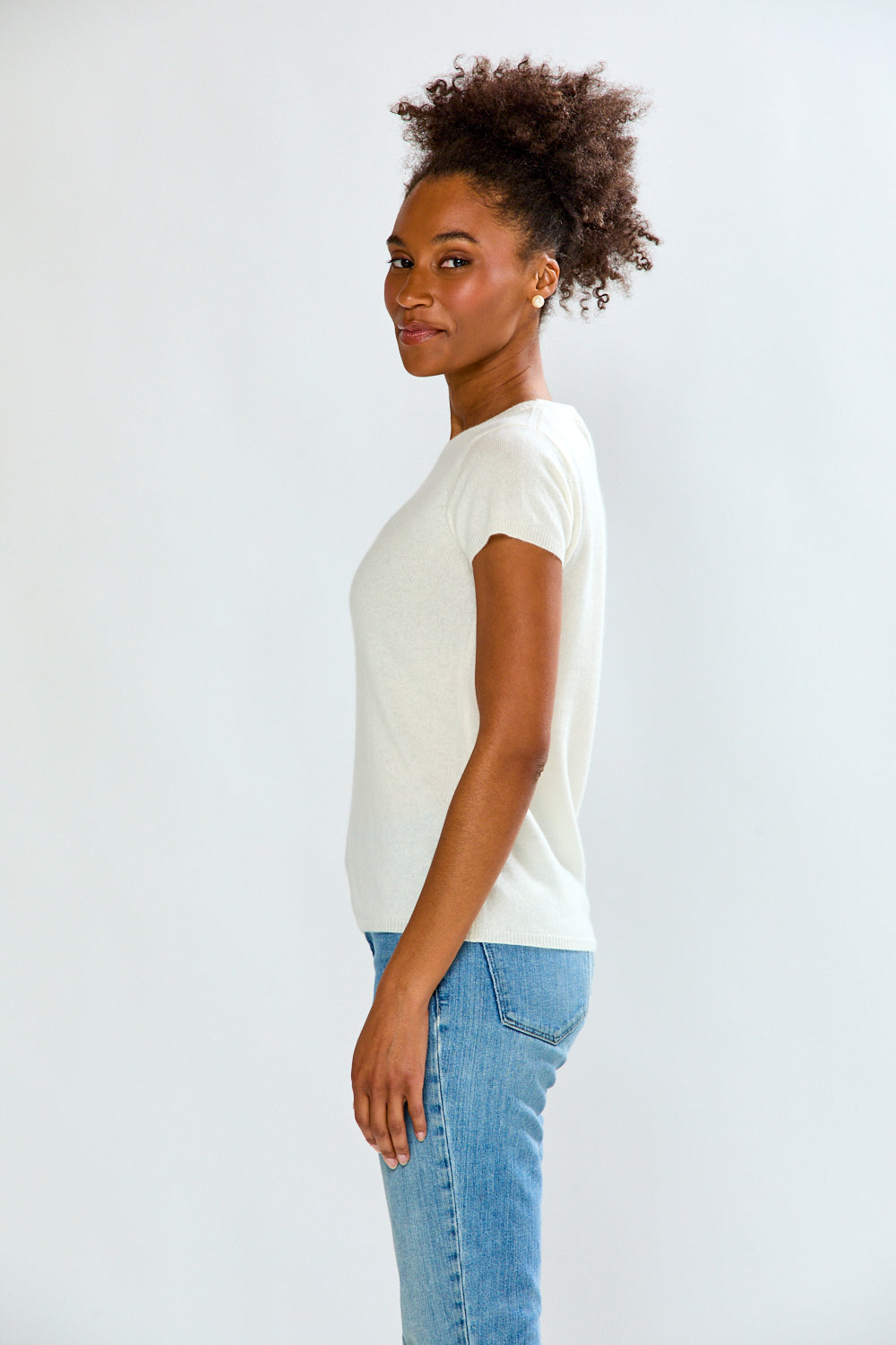 woman in white t-shirt