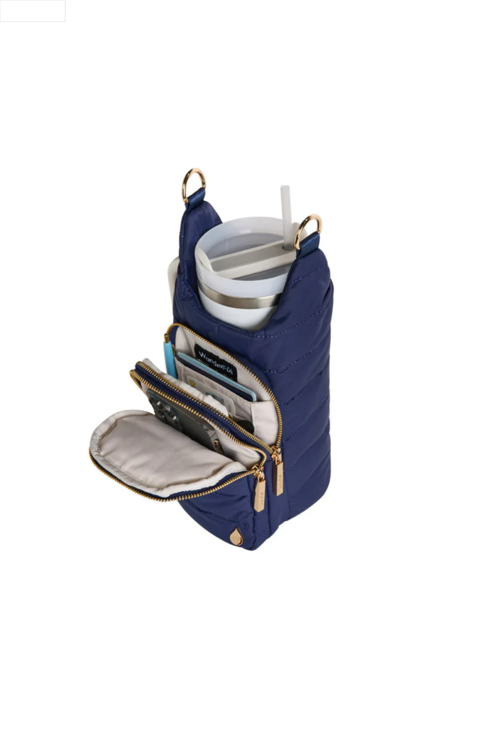 Navy puffer water bottle bag on a white background